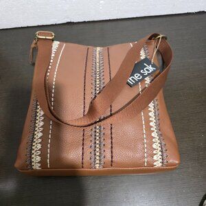 NEW The Sak Lucia Genuine Brown Leather Shoulder Crossbody Bag Stitch front